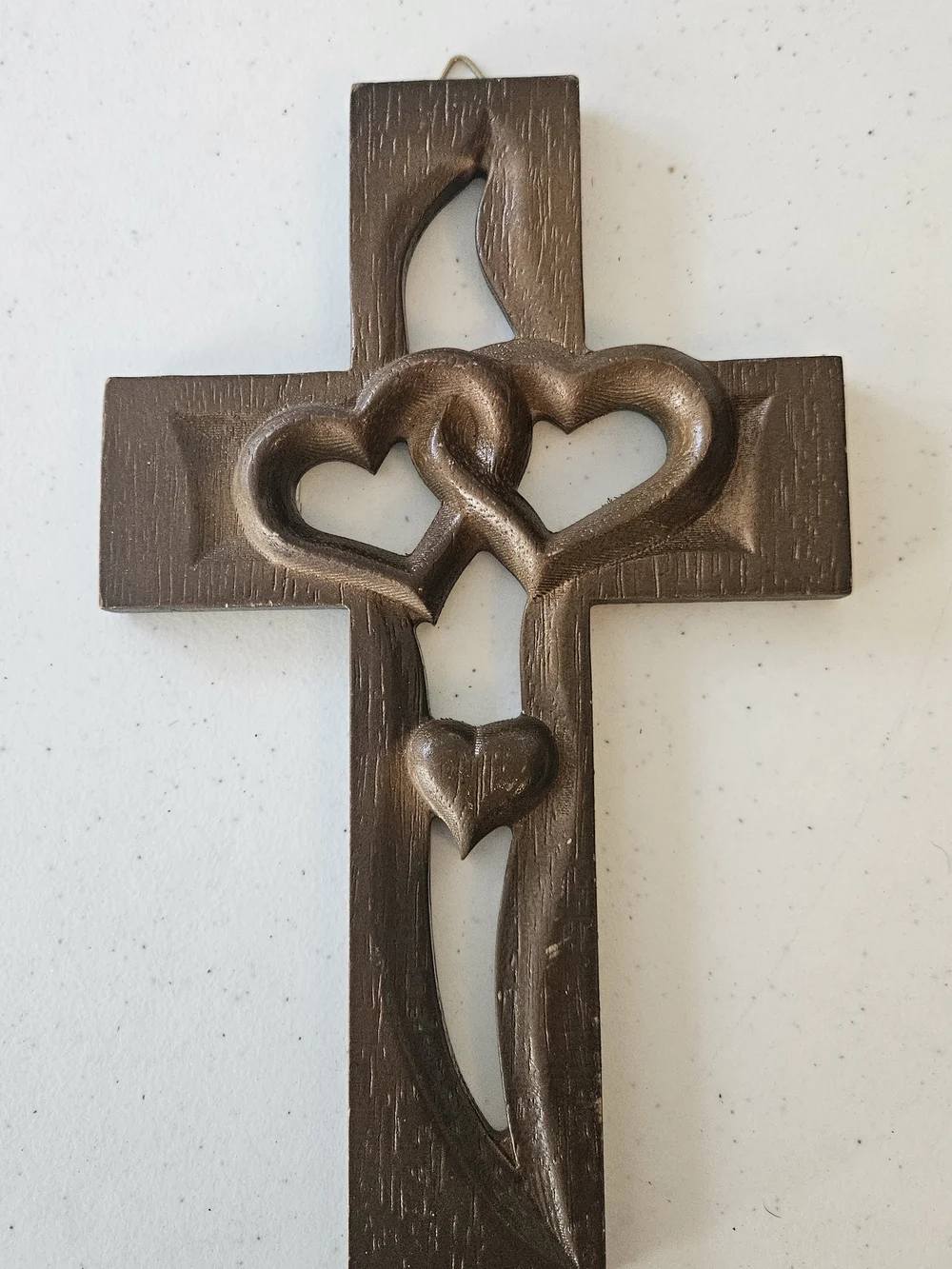 Wooden Cross Wall Decor with Interlocking Hearts - Brown
